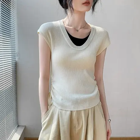 拼色假两件坎肩无袖背心上衣女2025夏季新款修身显瘦独特针织衫女图片