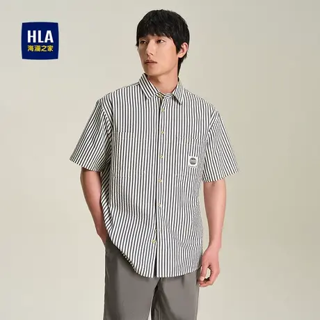 HLA/海澜之家方领短袖休闲衬衫2025夏季新款宽松条纹提花衬衣男图片