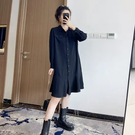 秋季黑色衬衫连衣裙遮肚长袖宽松大码显瘦微胖2025潮女装气质胖mm图片