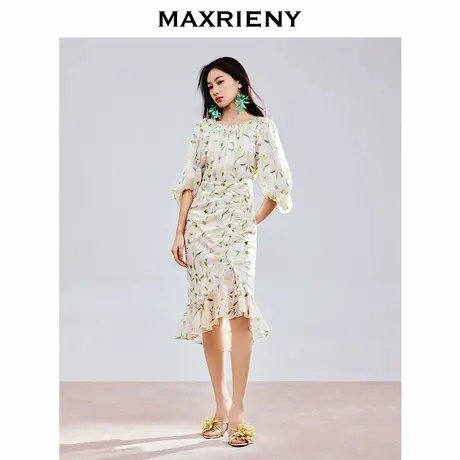 【奥莱】MAXRIENY黄花印花收腰修身鱼尾连衣裙图片