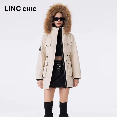 LINCCHIC金羽杰羽绒服女2023秋冬新品都市机能大毛领中长款派克服图片