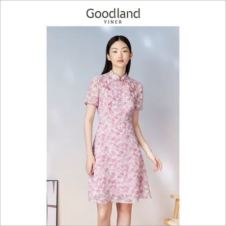 Goodland美地女装2023夏季摩登新中式立领印花收腰旗袍连衣裙图片