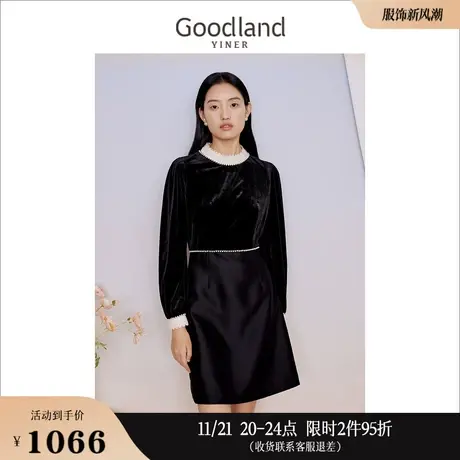 【醋酸系列】Goodland美地女装冬季金丝绒钉珠蕾丝连衣裙图片