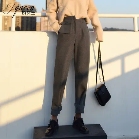 毛呢哈伦裤女秋冬高腰时尚宽松显瘦束脚萝卜裤加厚休闲百搭小脚裤图片