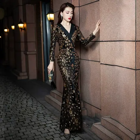 晚礼服女亮片2023新款高端气质宴会黑色鱼尾裙高级高贵黑色连衣裙图片