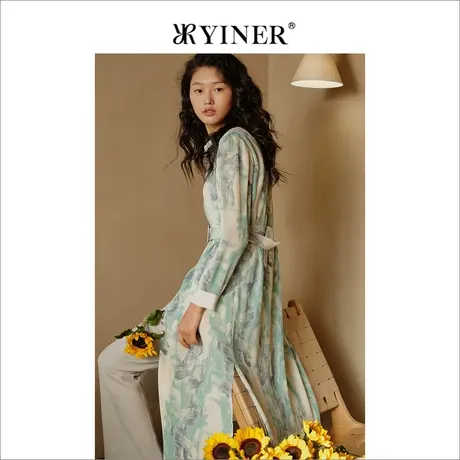 YINER音儿春季法式时尚印花垂感收腰设计连衣裙图片