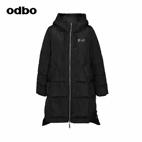 odbo/欧迪比欧时尚高端轻奢女装中长款外套撞色连帽白鸭绒羽绒服图片