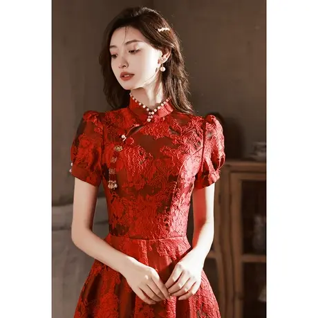 旗袍敬酒服新娘夏季酒红色结婚订婚回门礼服连衣裙中式钉珠中长款图片