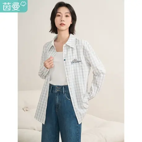 【商场同款】茵曼2023春女装新款休闲格纹手勾花纯棉修身显瘦衬衣图片
