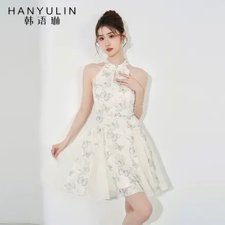 小众设计连衣裙2025新款女夏季法式气质收腰显瘦短款挂脖a字裙子图片