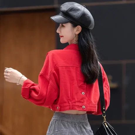 牛仔外套女2025年新款春秋大红色女生休闲宽松休闲短款牛仔衣夹克图片