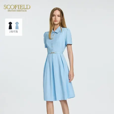 Scofield女装气质翻领复古收腰通勤减龄喇叭连衣裙夏季新品图片