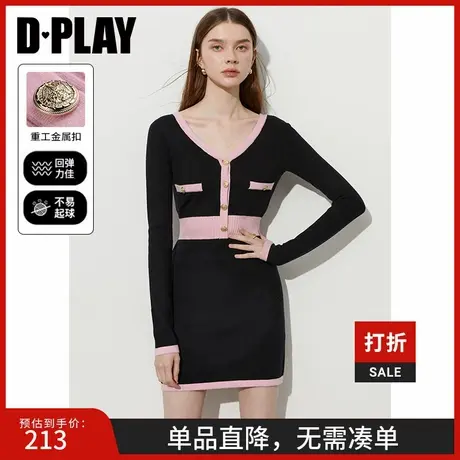 DPLAY2025年春季新款黑色连衣裙女修身法式气质短款针织裙子长袖图片