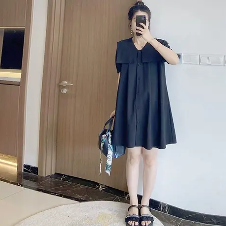 大码高端女胖mm韩版遮肚子显瘦夏季a字微胖连衣裙海军领减龄2024图片