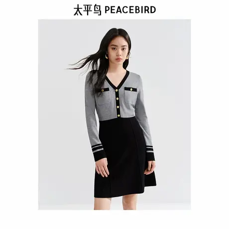 【断码清仓】太平鸟女装气质小香风连衣裙秋冬新款撞色拼接短裙图片