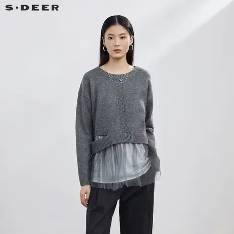 sdeer圣迪奥女装罗纹圆领破洞网纱拼接针织衫S224Z3527图片