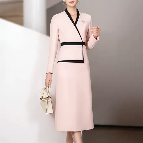 粉色假两件连衣裙女春秋2025年新款时尚气质减龄v领修身长袖a字裙图片