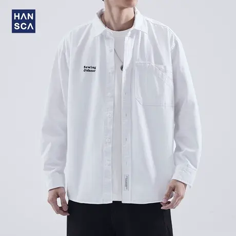 hansca白色长袖衬衫男秋季日系潮牌高级感痞帅宽松休闲衬衣外套男图片