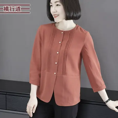 纯色简约圆领纽扣开衫七分袖雪纺衫女装外穿显瘦上衣2025春季新款图片