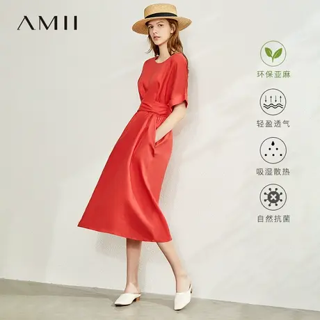 Amii2025夏新款休闲文艺圆领配腰带亚麻苎麻连衣裙宽松中长裙子女图片