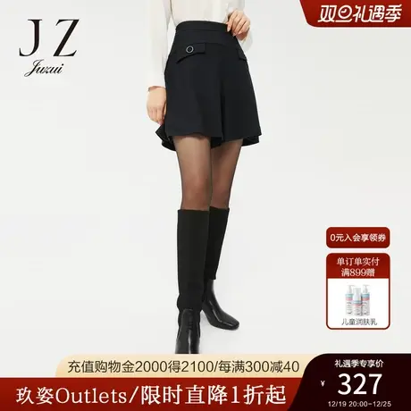 JZ玖姿高腰显瘦A型2022春季新款职业通勤风时尚绵羊毛黑色短裤女图片