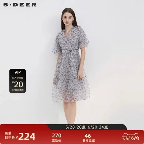 sdeer圣迪奥女装V领碎花收腰泡泡袖连衣裙S223Z120E图片