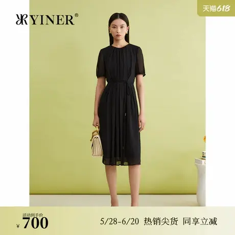 YINER音儿专选夏季法式优雅压褶工艺小黑裙垂顺优雅连衣裙图片