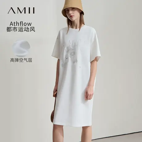 Amii2025夏新款宽松中长高弹力空气层落肩短袖刺绣H版型连衣裙图片