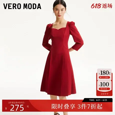 Vero Moda连衣裙春季肌理感短裙A字泡泡袖心形领百褶裙32417C016图片