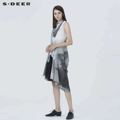 sdeer圣迪奥夏季国风水墨印花网纱设计感无袖连衣裙女S20281292图片