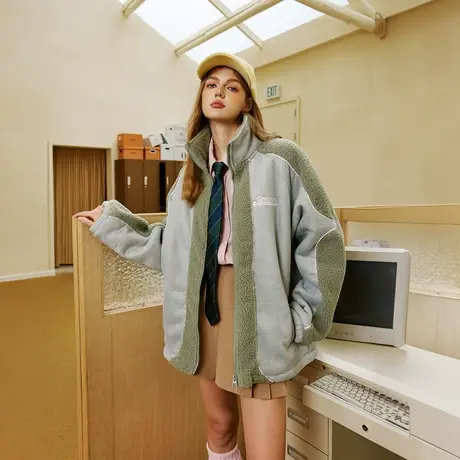 复古麂皮绒拼接棉服女加厚冬季羊羔毛外套2023新款机车风宽松棉衣图片