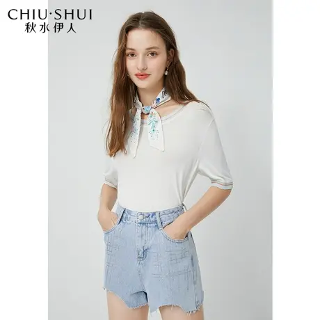 秋水伊人白色T恤夏装2021新款女装小众设计感撞色条纹薄毛衫上衣图片