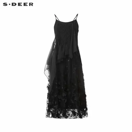 sdeer圣迪奥女装复古网纱绣花风琴褶吊带连衣裙S242Z1285图片