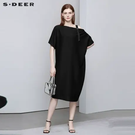 sdeer圣迪奥女装不对称露肩肌理短袖连衣裙S222Z125L图片