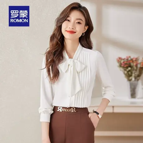 罗蒙女士气质长袖衬衫2025秋季简约大气时尚百搭显瘦蝴蝶领衬衣女图片