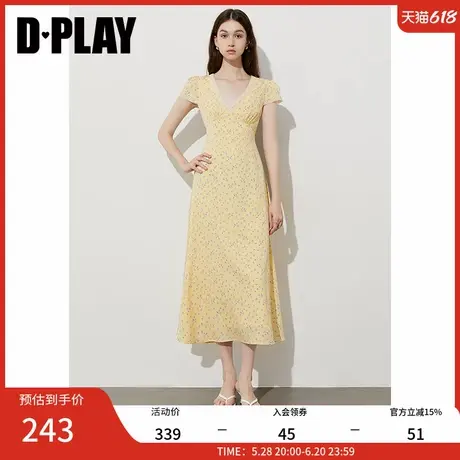 DPLAY2025年夏季新款黄色印花V领小包袖收腰法式蕾丝连衣裙女图片