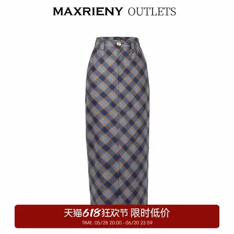 【奥莱】MAXRIENY复古格纹直筒半裙梭织羊毛高腰裙子图片