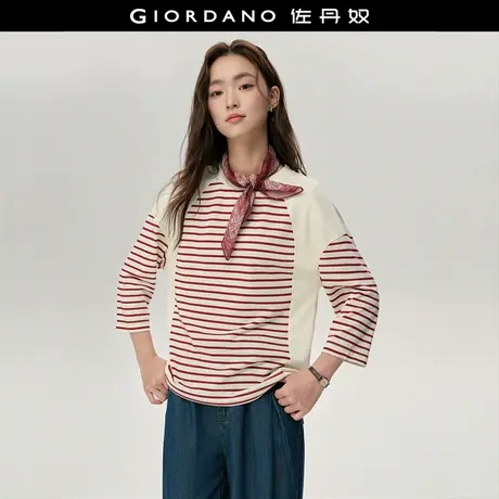 佐丹奴T恤女装撞色条纹拼布圆领七分袖针织T恤 18325812图片
