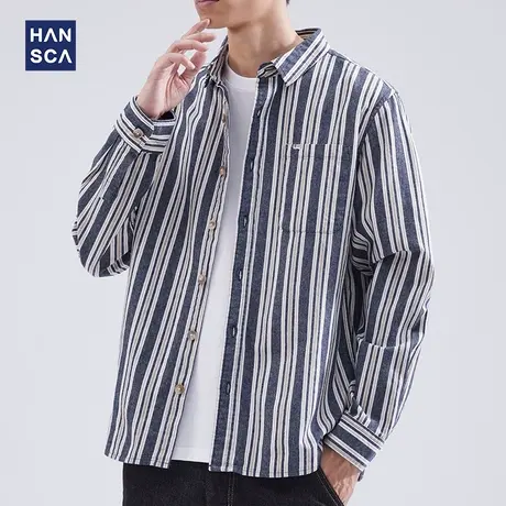 hansca条纹长袖衬衫男秋季新款纯棉韩版潮流休闲百搭高级感外套男图片