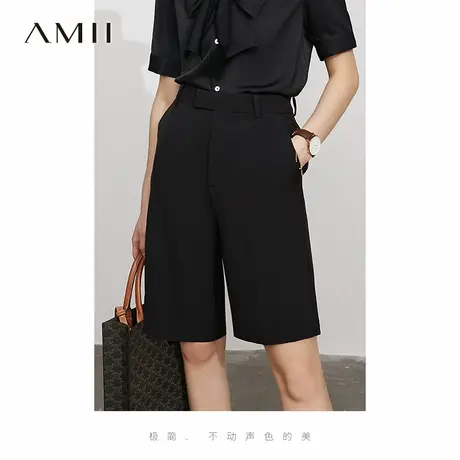 Amii2025夏季新款仿醋酸五分裤女黑色中裤休闲直筒裤高腰西装短裤图片