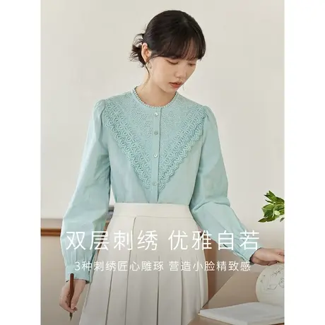 茵曼法式浪漫衬衣2023秋女装新款双层刺绣圆领长袖显瘦百搭上衣图片