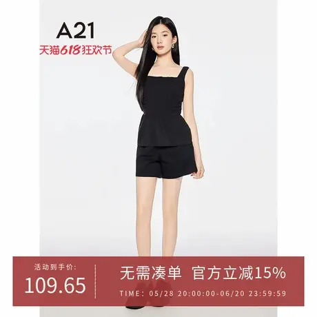 A21女装黑色方领薄款无袖衬衫2025夏季新款简约修身显瘦褶皱上衣图片