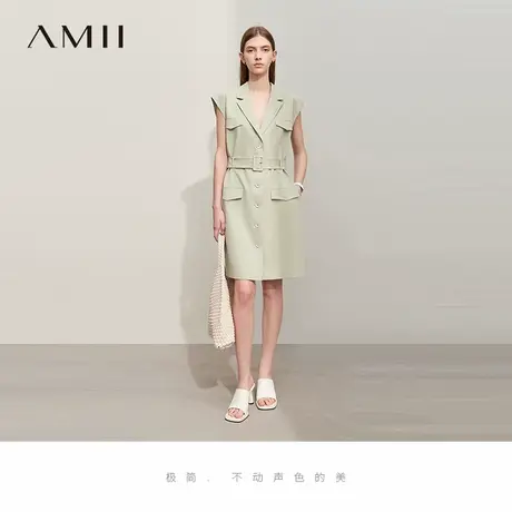 Amii2025夏新款通勤帅气工装风西装领宽肩配腰带连衣裙女短裙子图片