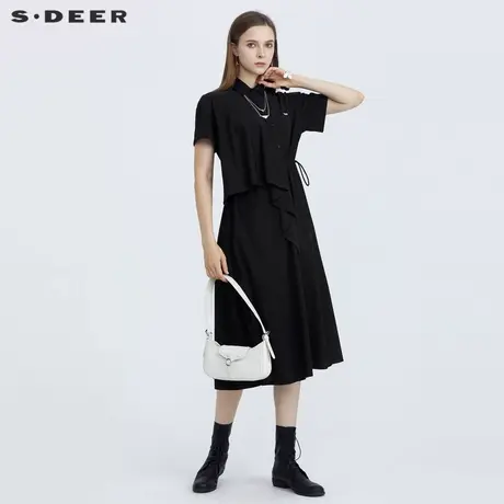 sdeer圣迪奥女夏季休闲翻领收腰拼接黑色质感衬衫连衣裙S21281217图片