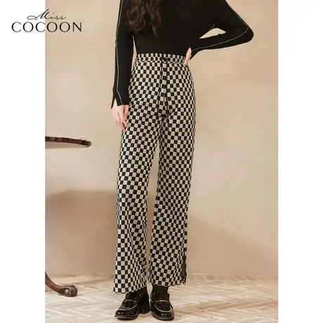 missCOCOON时尚裤子2023新款春女休闲慵懒棋盘格开叉阔腿休闲裤图片