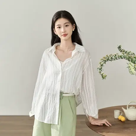 【商场同款】茵曼通勤衬衣2023夏女装新款设计感竖条纹长袖上衣图片