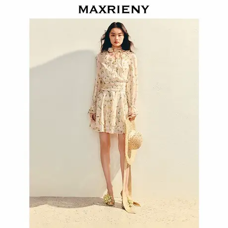 【奥莱】MAXRIENY优雅浪漫收腰散摆黄花雪纺印花连衣裙图片