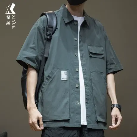 工装短袖衬衫男薄款夏季休闲t恤男士夏装宽松大码户外运动衬衣潮图片