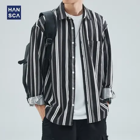 hansca条纹衬衫男高级感青少年春季潮牌复古宽松日系纯棉衬衣外套图片