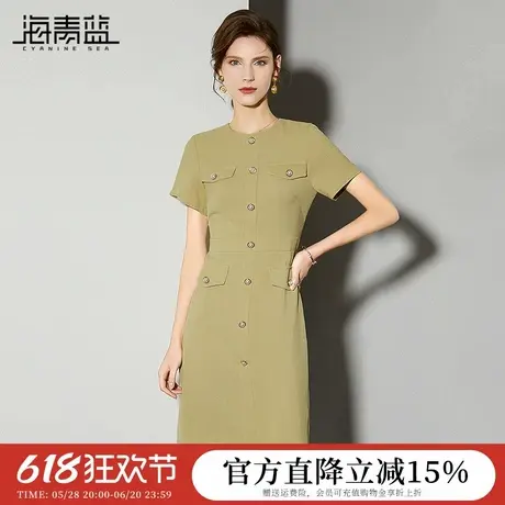 海青蓝法式优雅连衣裙女2024夏季新款圆领短袖修身显瘦小香风裙子图片